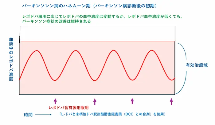 リハビリテーション勉強会資料：パーキンソン病のハネムーン期の血中レボドパ濃度の推移を示したグラフ