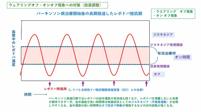 リハビリテーション勉強会資料：パーキンソン病治療開始後の長期経過したレボドパ抵抗期の血中濃度のグラフ