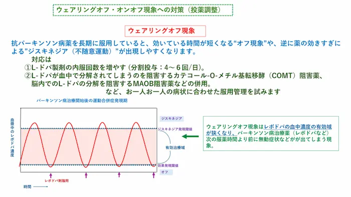 リハビリテーション勉強会資料：ウェアリングオフ・オンオフ現象への対策（投薬調整）。分割投与やCOMT阻害薬・MAOB阻害薬の併用