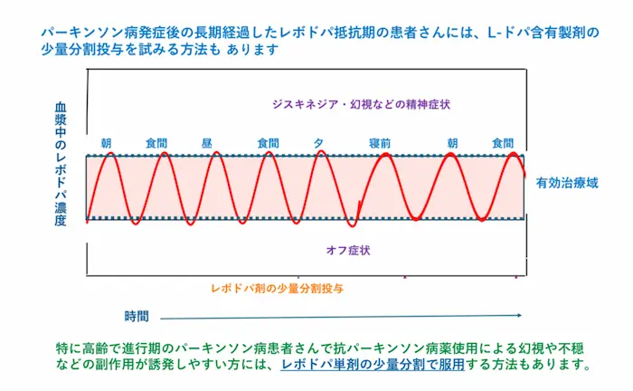リハビリテーション勉強会資料：レボドパ含有製剤の少量分割投与を試みる方法と、そのときの血中濃度のグラフ