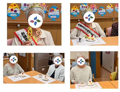 グループホーム朝風 冠とたすきを身につけたお祝いと、ケーキを囲むひとときをまとめた写真